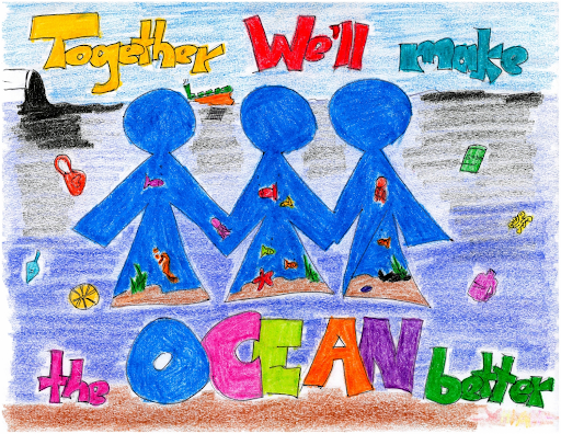  A student drawing of three figures holding hands under the text "Together We'll Make the Ocean Better."