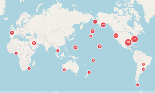 A map of the world with dots on it.