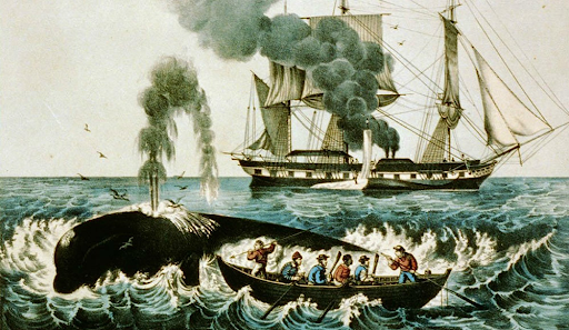 A painting of a boat of people next to a whale.
