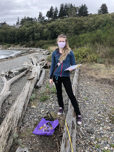 A person on a rocky beach wearing a mask.
