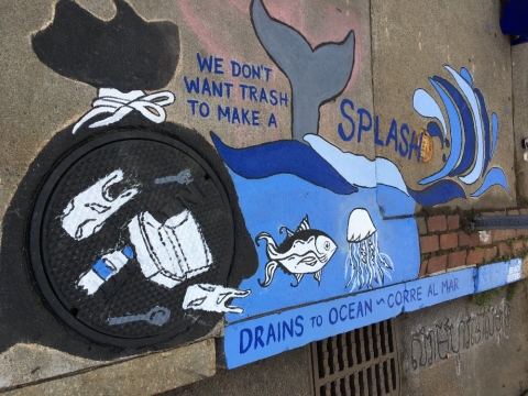 A sidewalk painting of trash among marine mammals. 