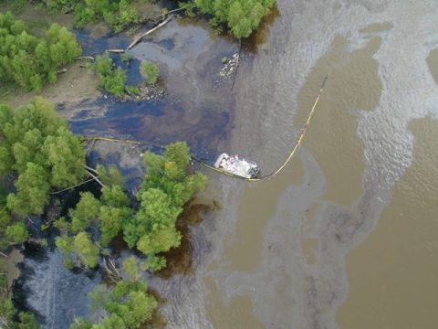 An aerial view of oil in water.