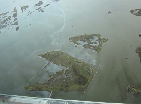 An aerial view of oil around a marshy, island area. 