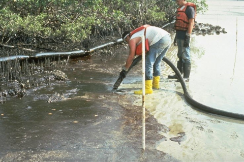Workers operating a skimmer on an oil spill in the water.