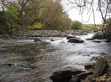 A river with a bridge in the background.