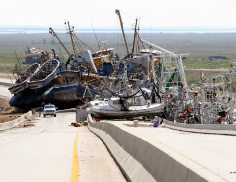 Derelict vessels piled up on a highway.