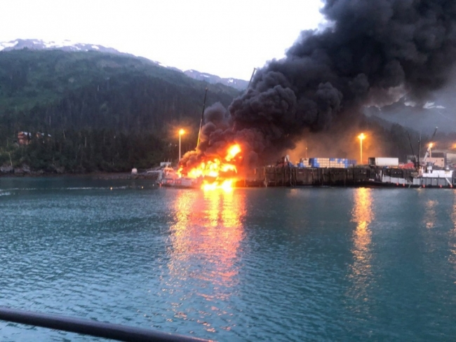 A fire on a vessel on water.