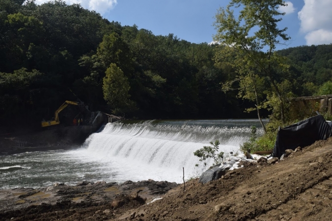 A dam in a tree-lined river. 