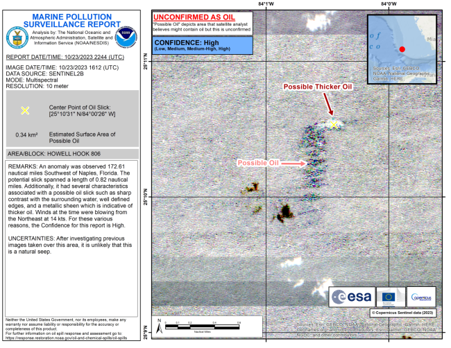 Marine Pollution Surveillance Report (MPSR) produced by NESDIS’ Satellite Analysis Branch, indicating an anomaly detected about 172 nautical miles southwest of Naples, Florida.