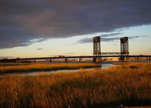 A landscape photo of tidal marsh with a bridge in the background. 