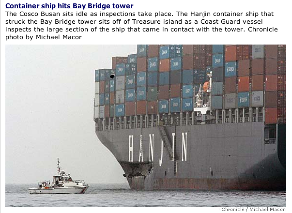 A screenshot of a San Francisco Chronicle article, on the website San Francisco Gate. A photo of the container ship and the gash in the port side. 