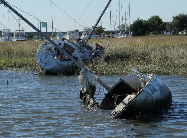Damaged vessels and other debris.