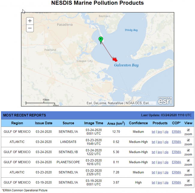 A map listing recent marine pollution reports. 
