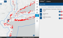 Screen capture of the ERMA dashboard's map filtering feature, which shows map data applied in three different filters: National ESI Marsh Shoreline, ESI Atlas Index of New York/Long Island area, and oil spill cases in DARRP locations.