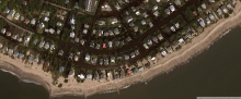 An aerial photo of a residential beach area. 