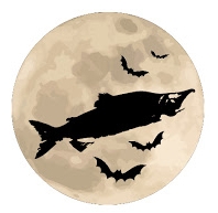 A graphic of a moon with shadows of fish and bats on it.