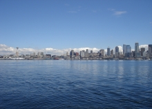 A view of the Puget Sound with the Seattle skyline in the background. 