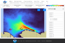 Screen capture: WebTAP showing the "Impact Analysis" mode for a spill from a drilling platform in the Arctic Ocean. Darker colors represent higher probabilities that oil from the selected source will impact a region. 