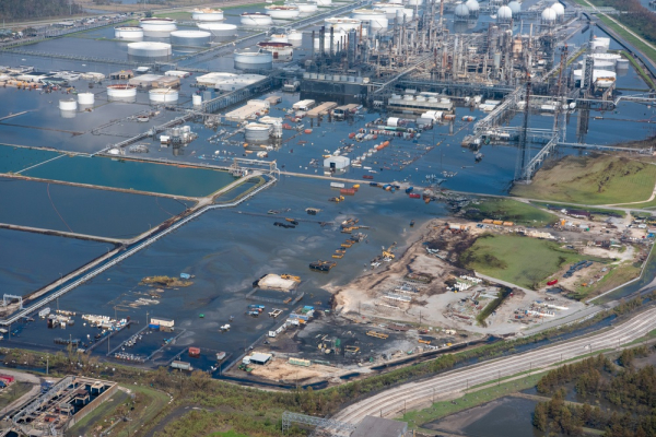 An aerial image of a flooded industrial area.