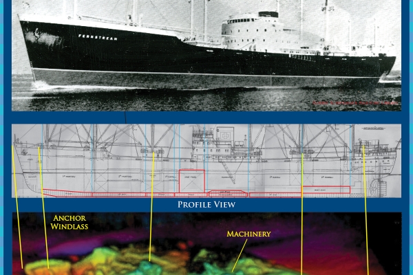 From top: a black and white image of a vessel, a blueprint image of a vessel, and a sonar scan image of a vessel.
