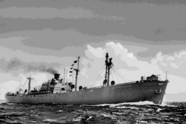 A black and white image of a vessel.